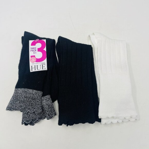 Hue Womens One Size Fits Most Scalloped Turncuff Sock 3 Pairs Black/White 2531 - Picture 5 of 5